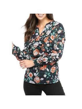 TOMMY HILFIGER Womens Green Floral Long Sleeve V Neck Top L